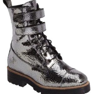 SHELLYS LONDON Combat Boot Shoes Silver Metallic 39 Distressed Leather Lace Up